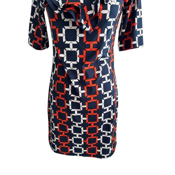 TRACY NEGOSHIAN Orange Navy Blue Ruffle V Neck Dress Size XS - Picture 5 of 8